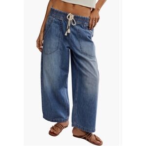 Free People We The Free Easy Peasy Wide  Leg Smocked Waist Denim Pants Blue Med